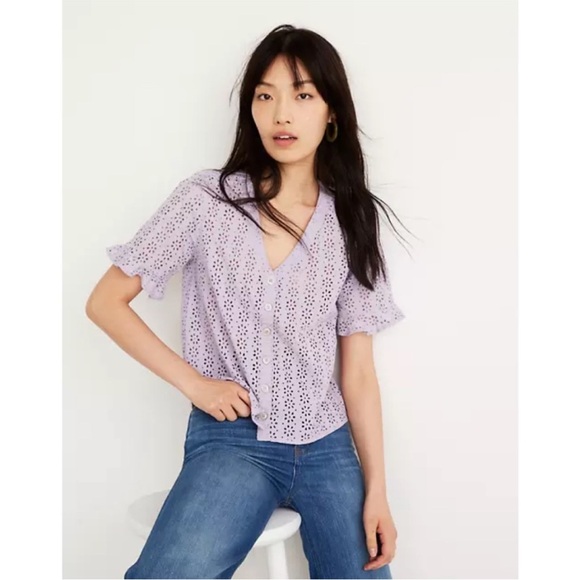 Madewell Eyelet Village Ruffle-Sleeve Shirt in Lilac Purple Xl Extra Large - Picture 1 of 9